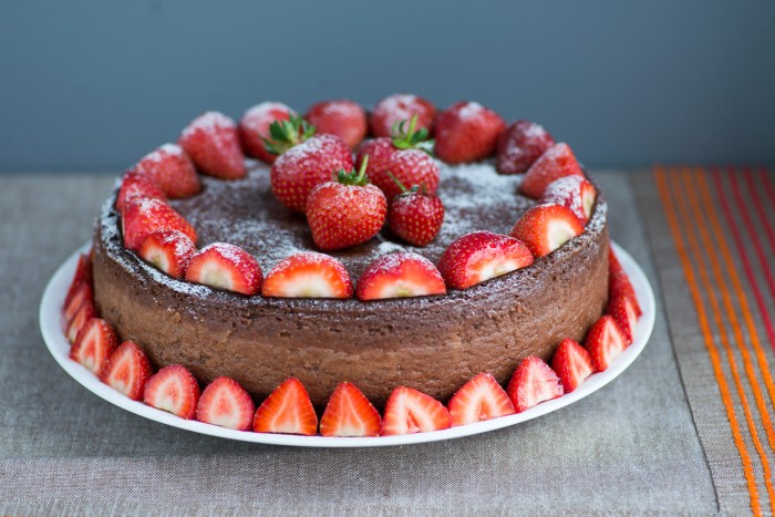 Eggless Double Chocolate Baked Cheesecake with Strawberries