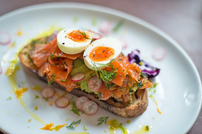 Cured Trout with Avocado and Egg - Brunch at The Good Egg restaurant in Stoke Newington, London.