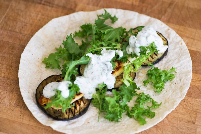 Grilled Aubergine and Halloumi Wrap with Minty Yogurt Dip