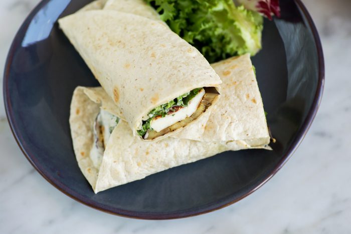 Grilled Aubergine and Halloumi Wrap with Minty Yogurt Dip