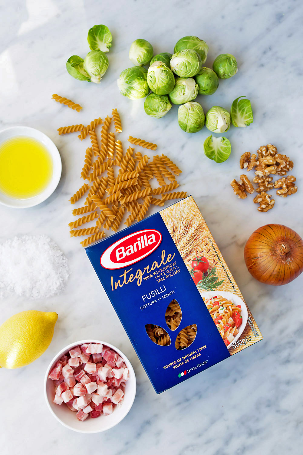Barilla Wholemeal Fusilli with Brussels Sprouts, Pancetta, Walnuts and Lemon Zest