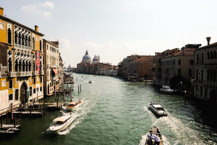 The view from Ponte dell'Accademia, one of only four bridges to span the Grand Canal in Venice, Italy