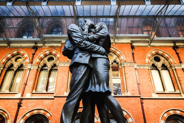 The Lovers statue on the Grand Terrace of St Pancras International railway station in London