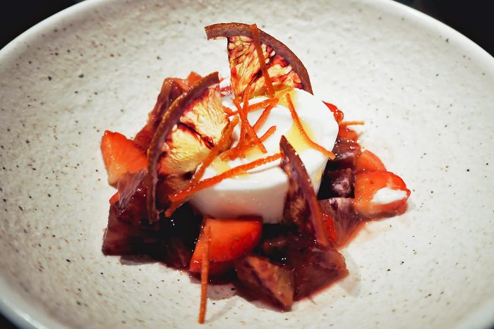 Coconut sorbet with candied blood orange and strawberries at YOPO restaurant, The Mandrake Hotel, Fitzrovia London | Mondomulia