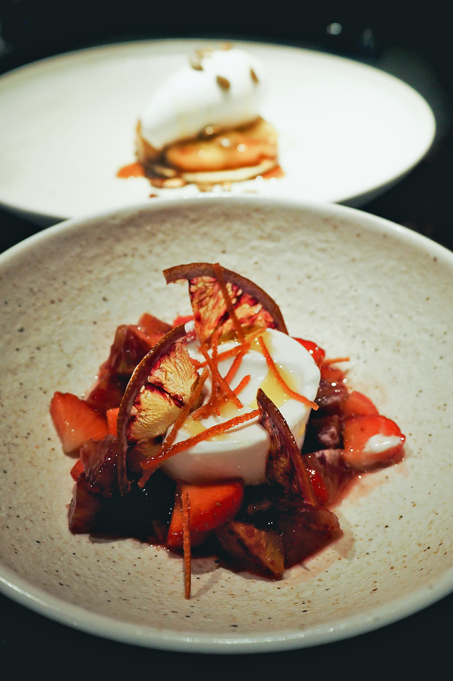 Coconut sorbet with candied blood orange and strawberries at YOPO restaurant, The Mandrake Hotel, Fitzrovia London | Mondomulia